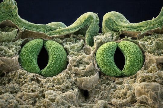 Colorized scanning electron microscope leaf stomata guard cells macro closeup

