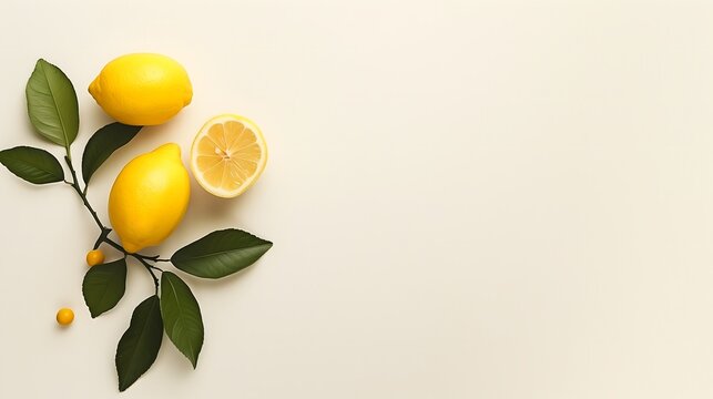 Fresh lemons with leaves on beige background with copy space