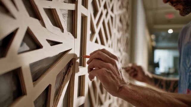 Artist using tools to mount a geometric partition wall showcasing detailed craftsmanship with the background artistically blurred to draw attention.