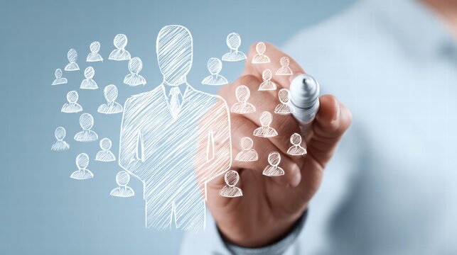 Hand drawing a business concept with people icons.