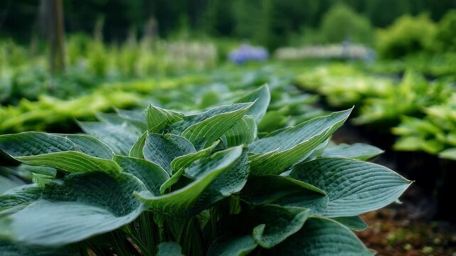 Clear shot of lush hosta leaves in foreground with a softened backdrop emphasizing wholesale perennial seed offerings for shadeloving garden favorites.