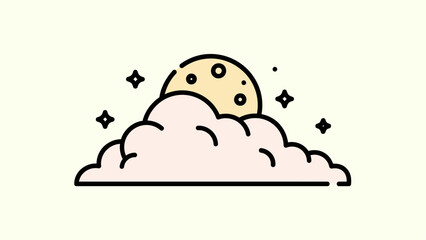 Fototapeta premium Flat vector illustration of a moon peeking over a cloud, stars sparkle