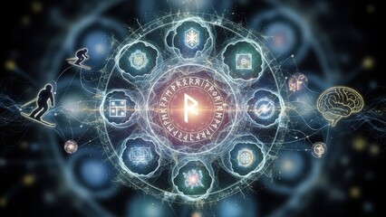 Obraz premium Surfer riding neural network waves with glowing brain