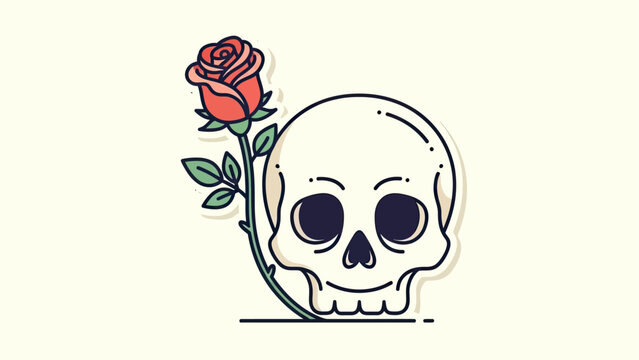 Cartoon skull with a red rose growing through it. Graphic, whimsical style