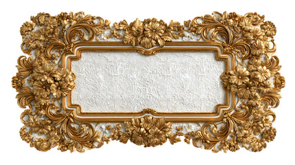 Antique carved gilded rectangle frame, isolated on transparent background, detailed vintage design, clean edges, perfect PNG for photo overlays and decorative compositions
