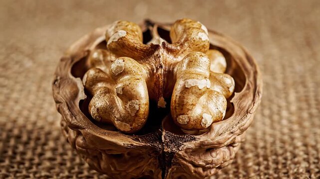 Close-up of a cracked walnut with its kernel on a burlap background