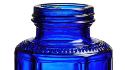 Close-up of a vibrant royal blue glass bottle neck with textured pattern and threaded opening, Evoking vintage charm, craftsmanship, isolated on transparent backgrounded