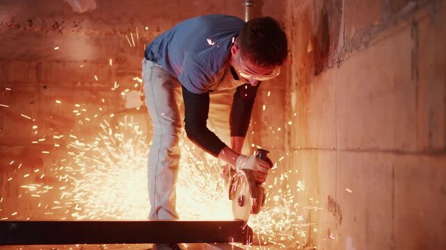 white contractor cutting metal in confined space, sparks bursting along concrete wall, concentrated posture with angle grinder, solo repair and structural adjustment