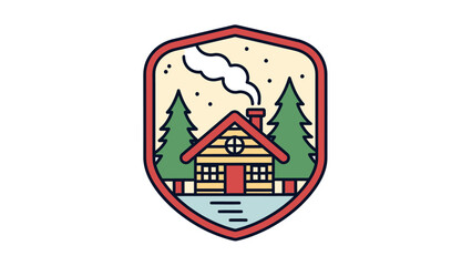 A cabin scene inside a shield-like emblem with trees, smoke, and water