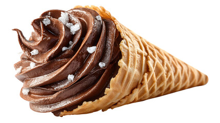 Chocolate soft serve ice cream in a waffle cone, sweet summer dessert, isolated on transparent backgrounded