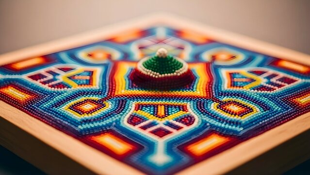 Vibrant Mexican Huichol bead art featuring intricate geometric patterns and traditional indigenous craftsmanship in a shallow depth of field