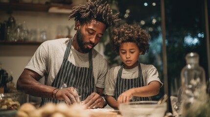 Obraz premium African father and son baking together in kitchen at night.