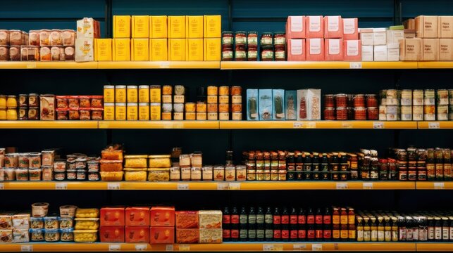 Variety of canned and packaged goods on supermarket shelves.