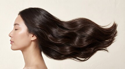 Fototapeta premium Profile of Asian woman showing luxurious, healthy dark hair flowing dramatically. Close-up studio beauty shot emphasizing movement, shine, and natural volume for hair care ads.