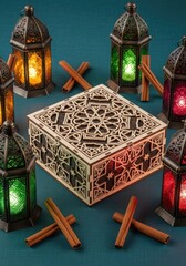 Decorative box with lanterns and cinnamon sticks