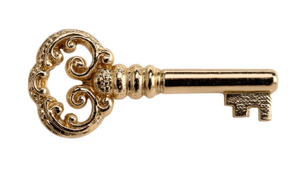 Golden antique skeleton key on a transparent background, Symbol of success, mystery, and new opportunities