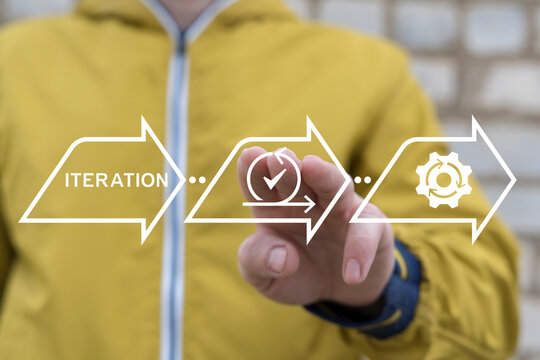 Business planning and time to iteration concept. Person using virtual touch screen sees the text ITERATION. Iteration Process Agile Cycle Development Operations Technology.