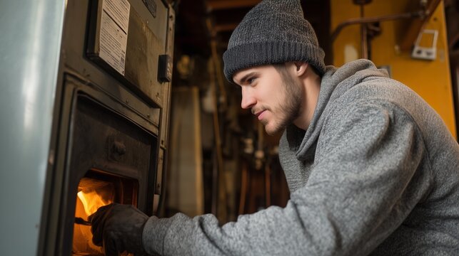Technician inspecting a residential furnace firebox, illustrating furnace care for heating efficiency and routine maintenance.