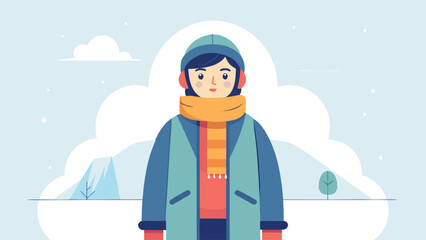 A person dressed in warm winter attire stands against a backdrop of snow and clouds, exuding a cozy and cheerful vibe. © merry