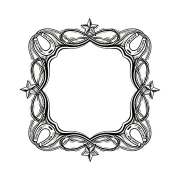 Vintage Decorative Border Horseshoes Rope Flourishes Four Petal Emblems Scattered Stars Sleepy Stick Figure Illustration.png