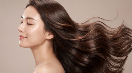 Naklejka premium Beautiful Asian woman's profile with closed eyes, luxurious healthy dark brown hair dramatically flowing, highlighting shine, volume, and natural beauty for cosmetic advertising.