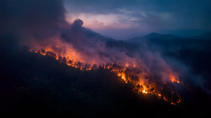 Naklejka premium A dramatic view of fire in the mountains created by the intense red and orange colors of a stormy sunset sky over the dark landscape horizon