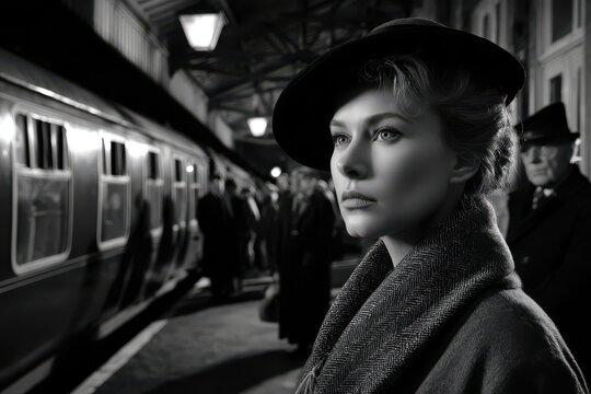 black and white cinematic film still, 1960s vintage train