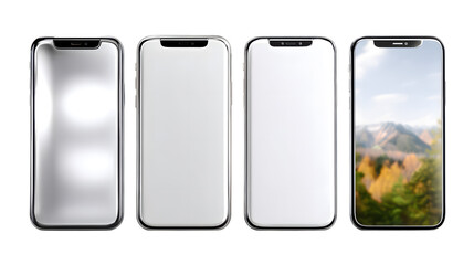 Modern smartphone mockup with transparent screen and scenic forest wallpaper for app promotion and tech product showcase on neutral surface, isolated on transparent backgrounded