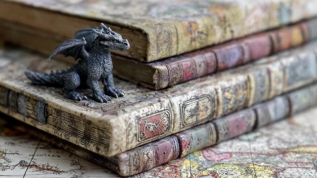 Closeup of a stack of detailed fantasy RPG books with a miniature dragon figurine sharply in focus against a blurred background of parchment maps.