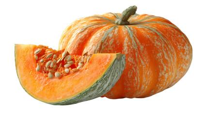 Fresh whole orange pumpkin with a cut slice showing seeds on transparent background, Vibrant autumn squash for seasonal recipes and healthy eating
