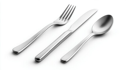 Elegant stainless steel cutlery set including fork, knife, and spoon on a clean white background