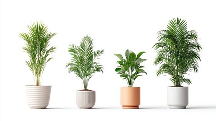 Fototapeta premium Collection of four potted indoor plants with lush green foliage and modern planters
