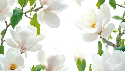 Obraz premium Beautiful White Magnolia Flowers Blooming in Springtime with Bright Sunlight.