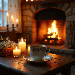 Fototapeta premium Cozy setting with warm fire, candles, and tea cup in a home during evening hours