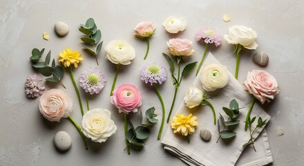 Assortment of delicate pastel flowers and eucalyptus leaves arranged on a textured surface.