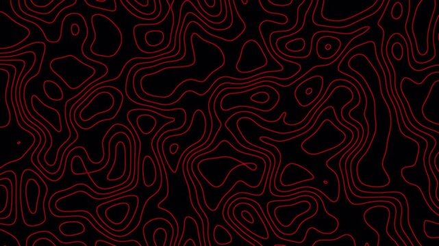 Abstract topography red stripes background motion loop footage video with geo map pattern, best for motion graphics and design projects, fractal lines background, Moving waves on black background 4k