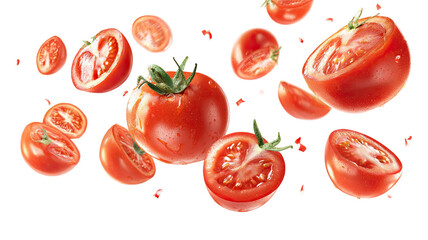 Fresh organic red tomatoes and a sliced ripe vegetable ingredient isolated on a white background for healthy vegetarian diet and natural food salad concepts