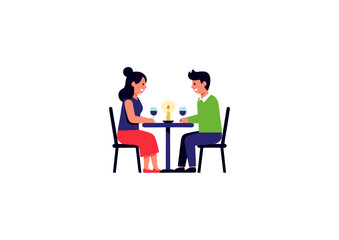 A charming illustration of a happy couple enjoying an intimate romantic dinner date by candlelight, sharing a special evening together