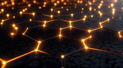 Glowing orange connections form a complex hexagonal network pattern over a dark textured surface