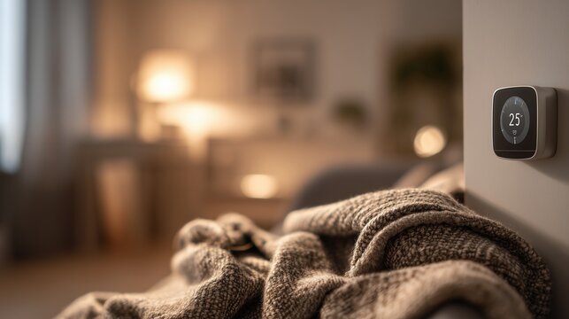Smart thermostat on wall controlling hvac for comfortable home heating, cozy blanket in foreground conveys warmth and comfort.