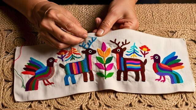 Hands of an artisan crafting traditional Mexican Otomi embroidery with vibrant deer and bird motifs, showcasing the rich heritage of Mexican culture through meticulous hand-stitched folk art.