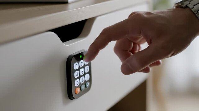 Close-up of a finger pressing numbers on a digital keypad lock on a drawer