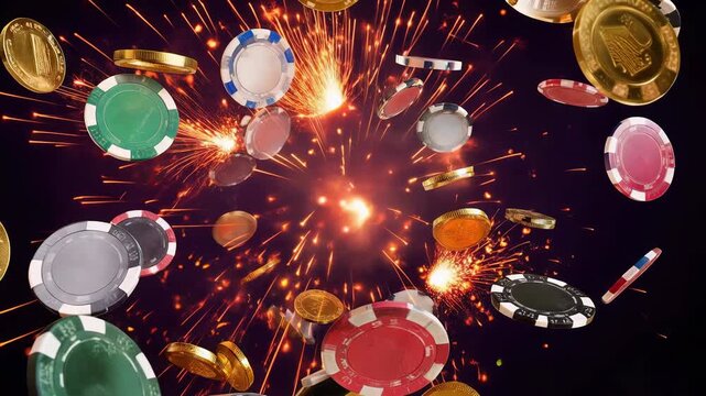 Gold coins and poker chips falling explosion gambling background copy space winning concept jackpot luck wealth finance investment casino success