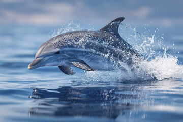Obraz premium Dolphin jumping out of ocean water with splash and reflection on calm sea surface under blue sky in natural marine environment
