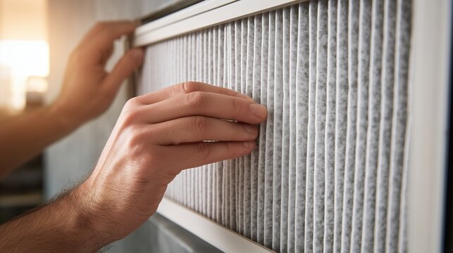 Hand replacing a furnace air filter inside hvac return vent, representing filter change maintenance and system cleaning.