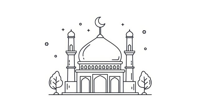 Elegant linear illustration displaying a minimalist mosque design with subtle decorations