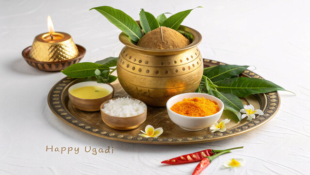 Ugadi Festival Ritual Setup with Kalash, Mango Leaves, Neem Flowers and Traditional Ingredients