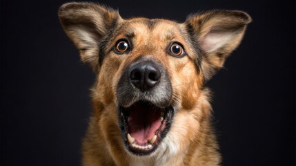 Fototapeta premium Close-up of happy mixed-breed dog with big ears on black background.