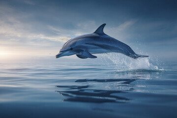 Fototapeta premium Single dolphin leaps gracefully above calm ocean water under moody sky, creating splash and reflection that captures beauty and freedom of marine life