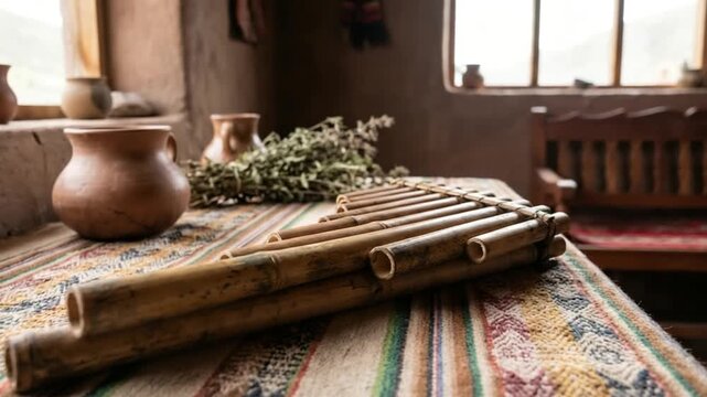 andean pan flute arranged on woven textile inside traditional interior video orbit